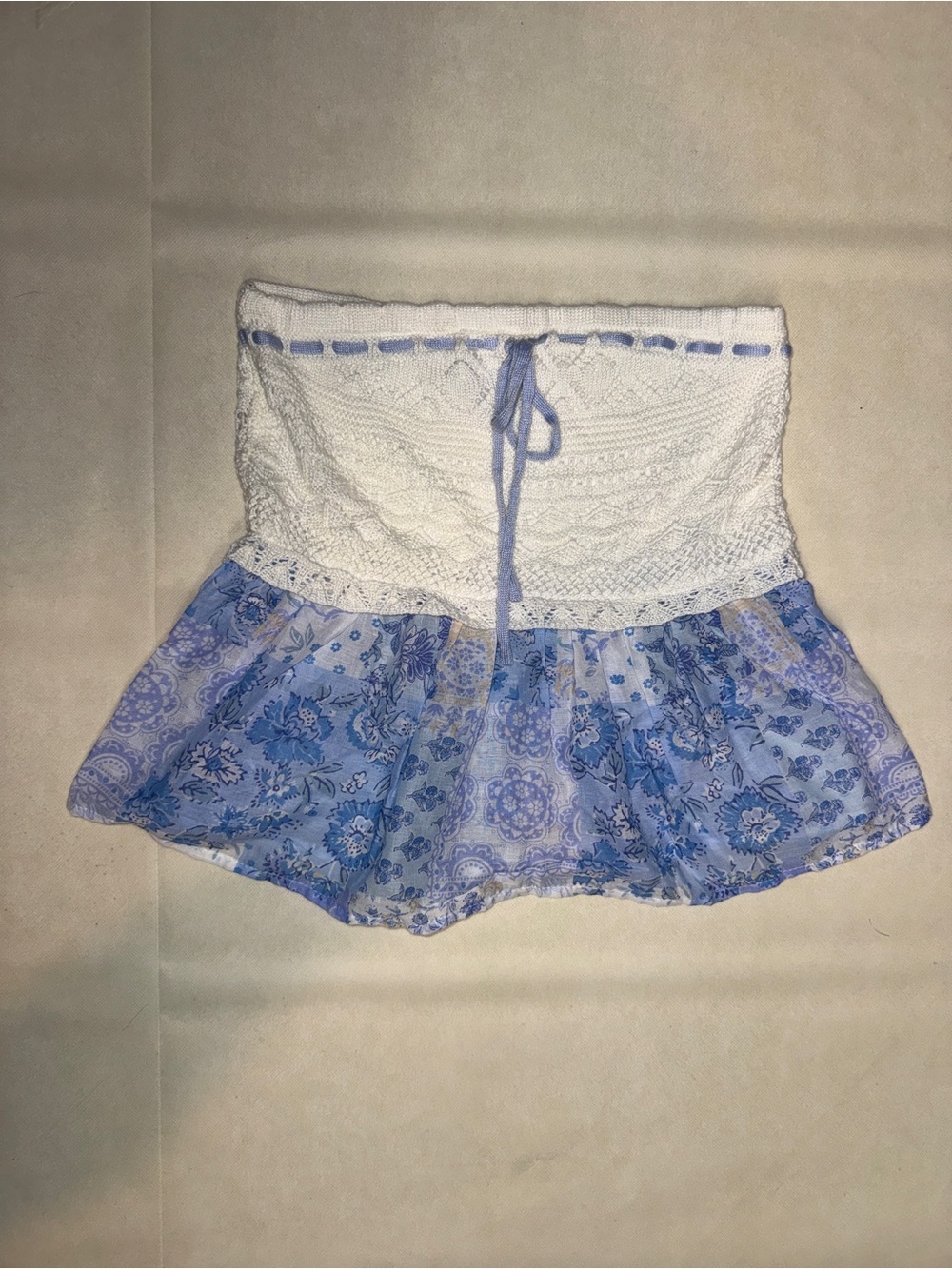 Madden Girl White Crochet Waistband with Light Blue Floral Tiered Mini Skirt